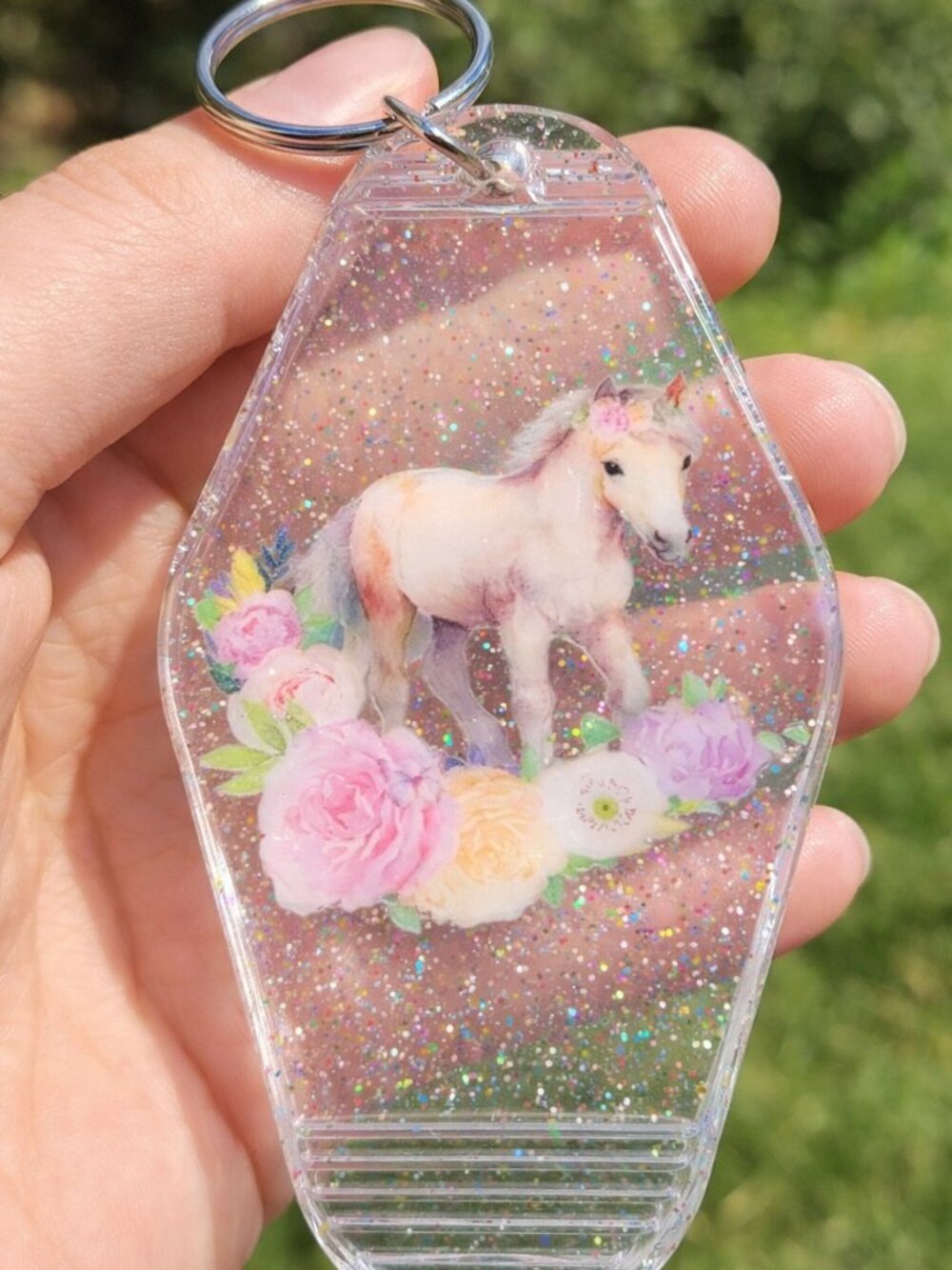 Clear Glitter Horse Motel Keychain Retro Acrylic Key Ring Cute Western Charm